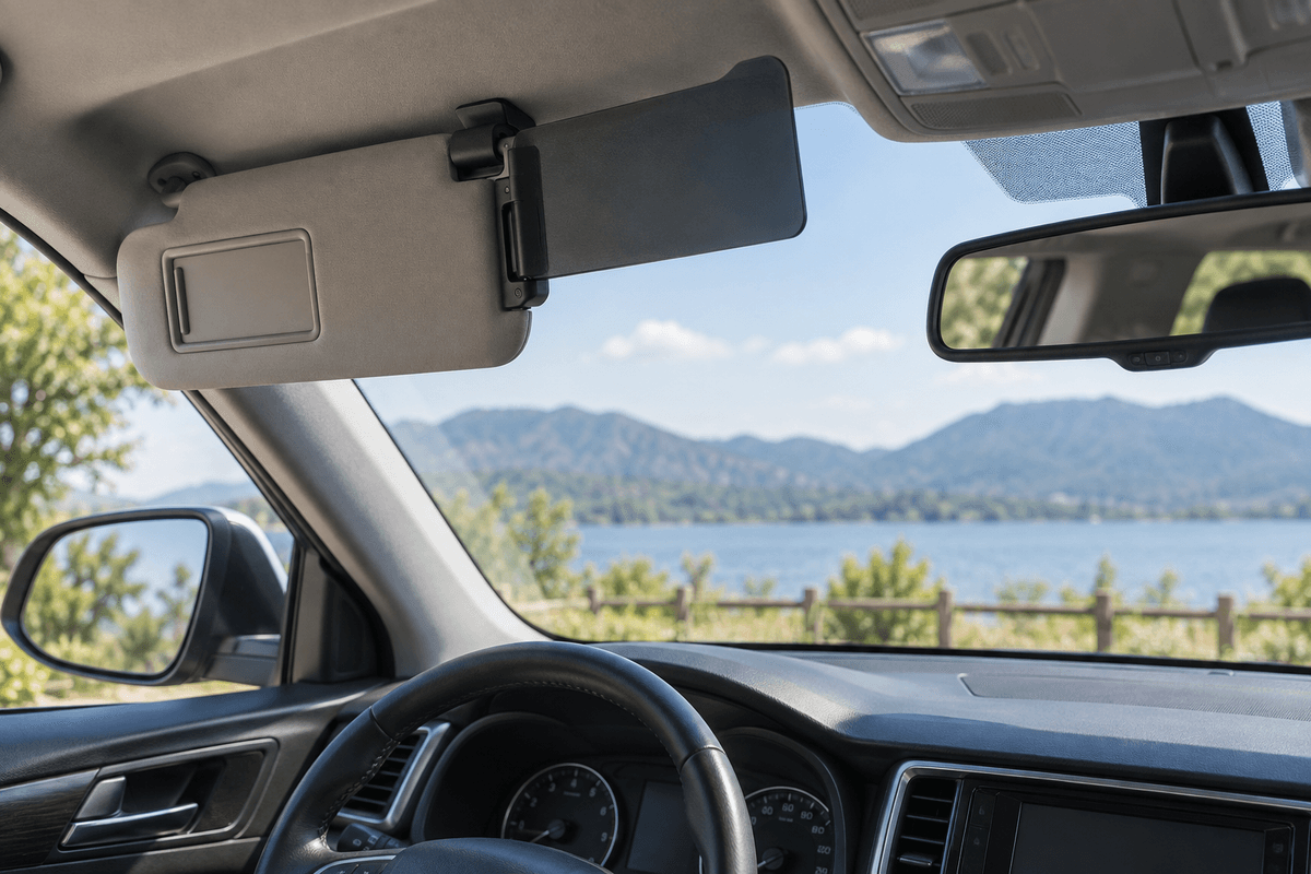 Properly adjusted sun visor extender with rearview mirror and windshield view clear Properly adjusted sun visor extender with rearview mirror and windshield view clear