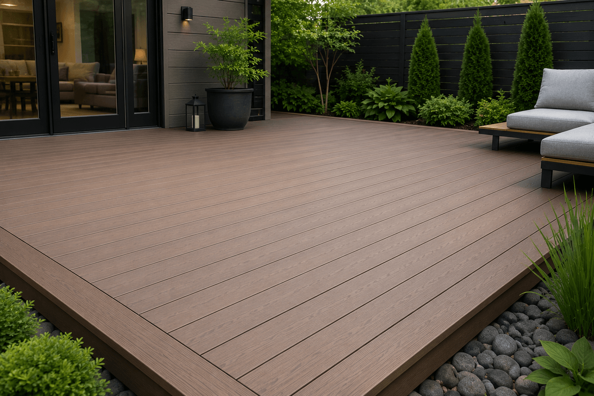Finished composite deck with consistent board gaps and clean drainage lines Finished composite deck with consistent board gaps and clean drainage lines