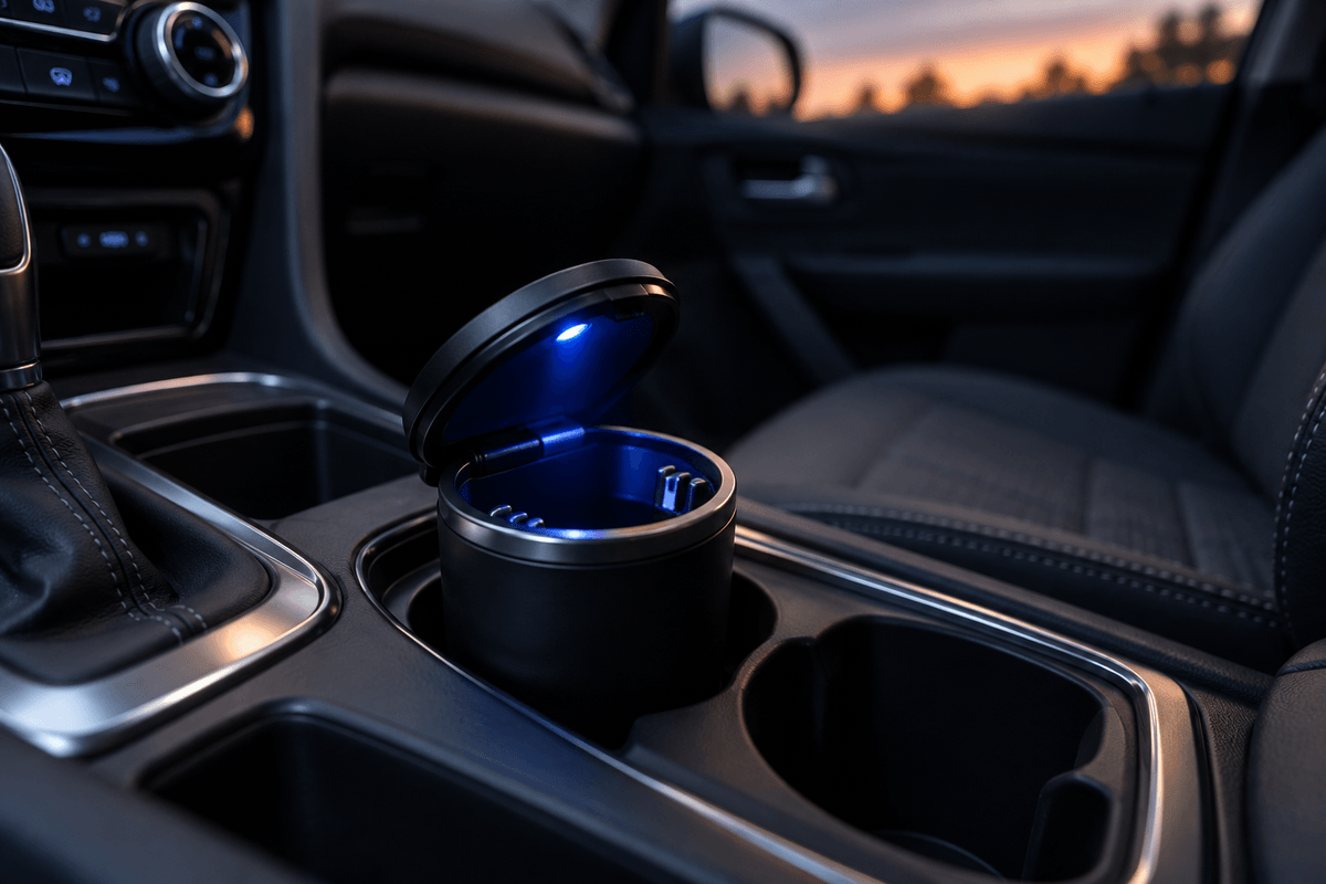 LED car ashtray glowing softly inside a cup holder in a parked car at dusk LED car ashtray glowing softly inside a cup holder in a parked car at dusk