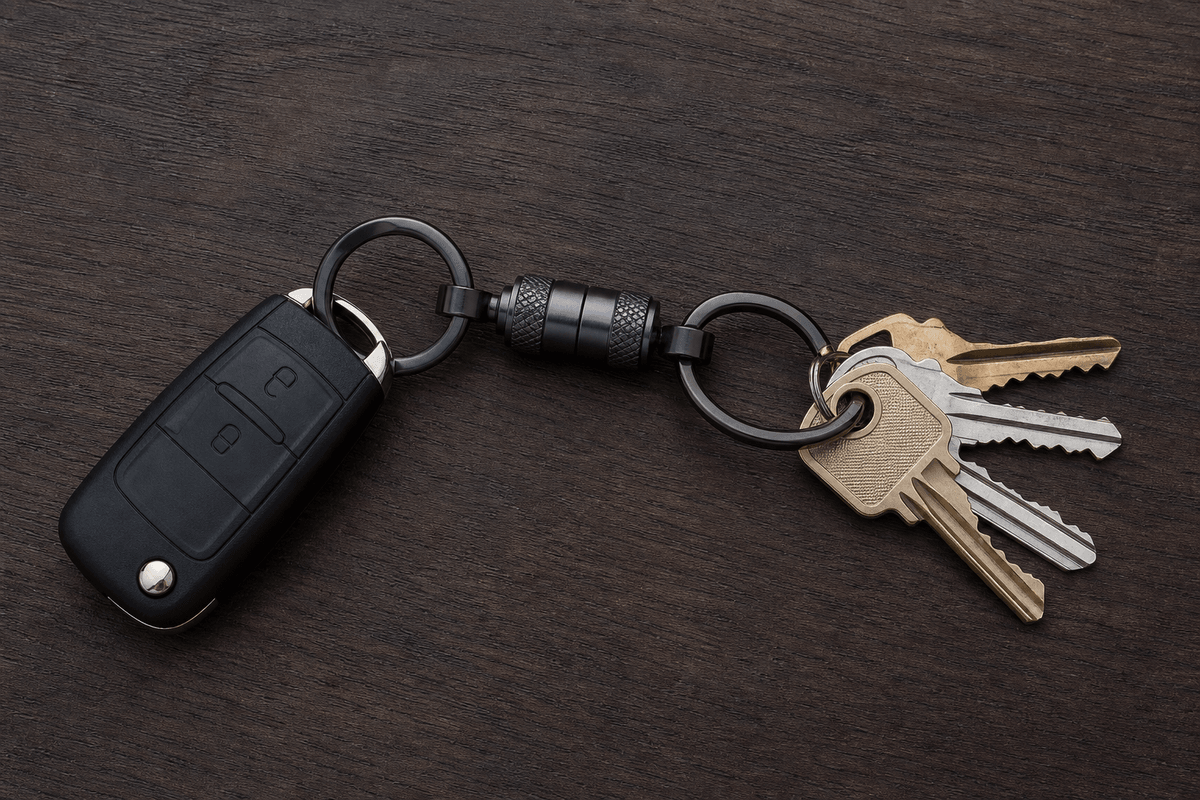 Quick release keyring separating car fob and house keys on a table Quick release keyring separating car fob and house keys on a table