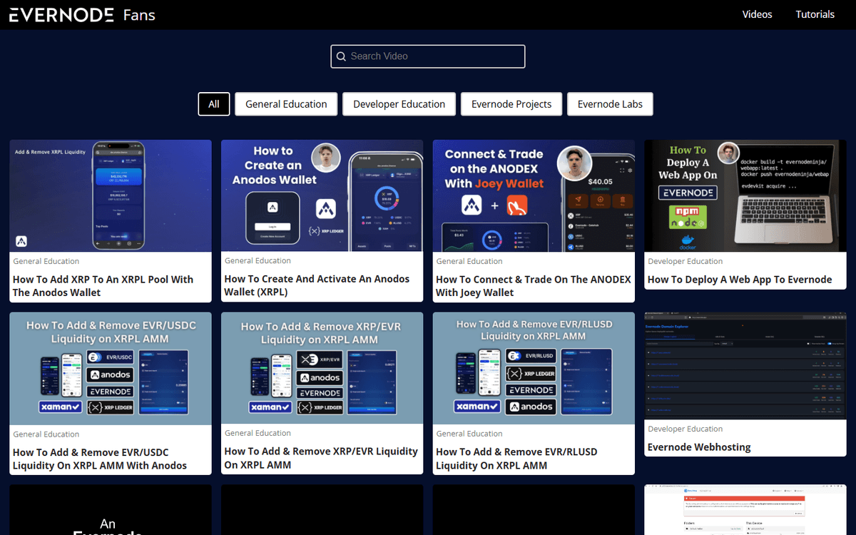 Evernode video library showing general education, developer, hosting, liquidity, and community project topics. Evernode video library showing general education, developer, hosting, liquidity, and community project topics.