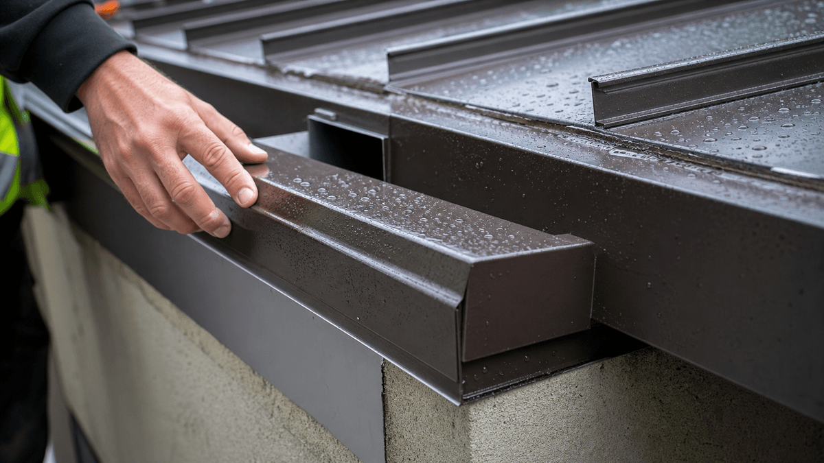 Folded roof drainage trim checked after rain Folded roof drainage trim checked after rain