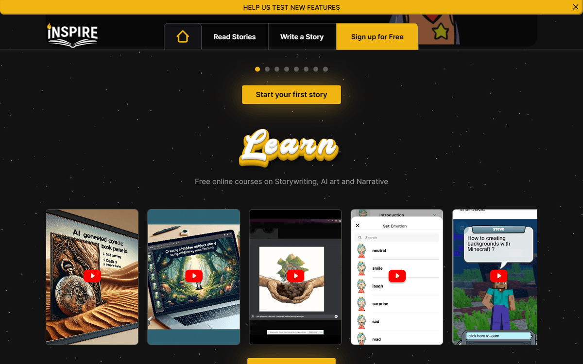 iNSPIRE learning section with story-writing and AI art tutorial previews. iNSPIRE learning section with story-writing and AI art tutorial previews.