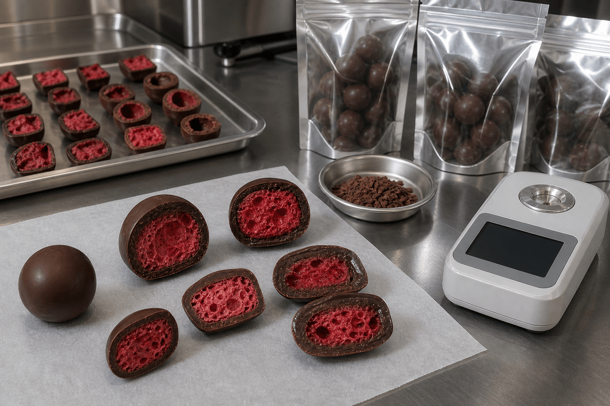 freeze-dried berry pieces tested in chocolate tablets and clusters freeze-dried berry pieces tested in chocolate tablets and clusters