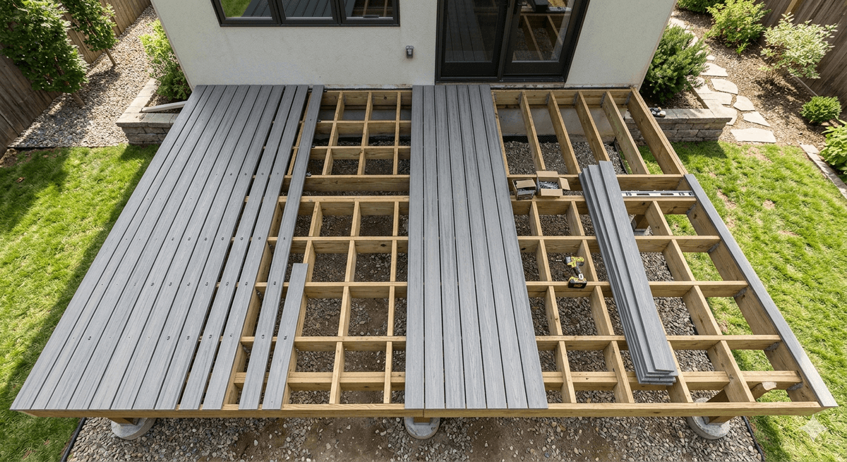 Deck board width layout for a composite backyard deck Deck board width layout for a composite backyard deck