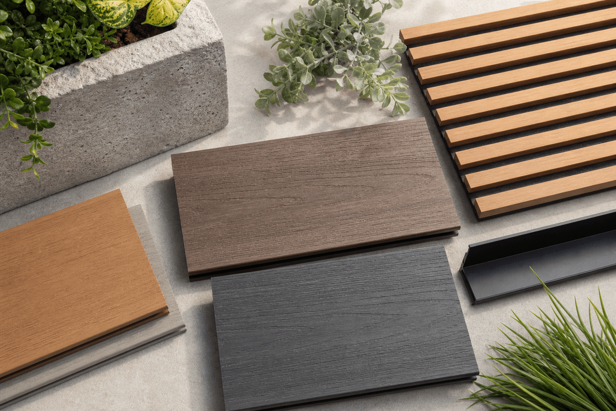 Material samples for deck garden screens and composite boards Material samples for deck garden screens and composite boards