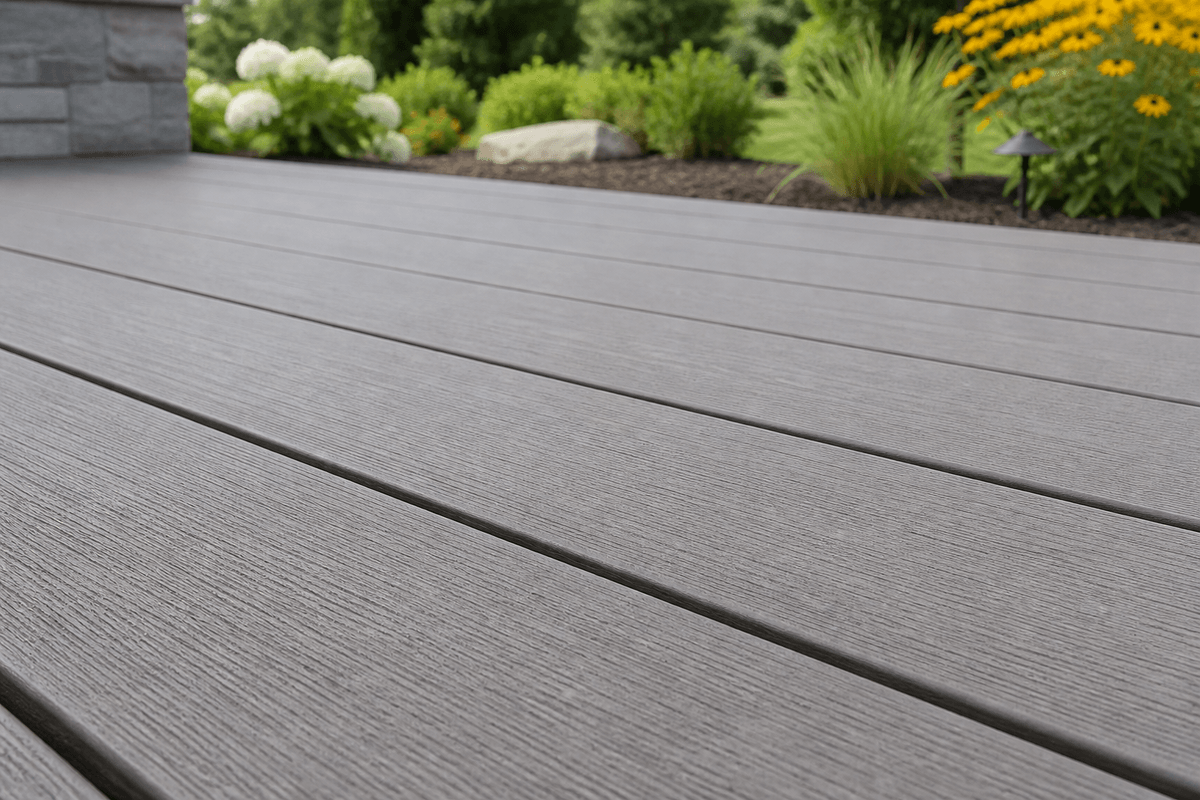 Close-up of poly decking boards installed with hidden fasteners Close-up of poly decking boards installed with hidden fasteners