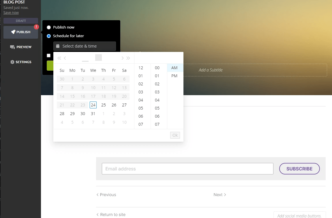 Strikingly blog scheduling feature used to assign a future publication time Strikingly blog scheduling feature used to assign a future publication time