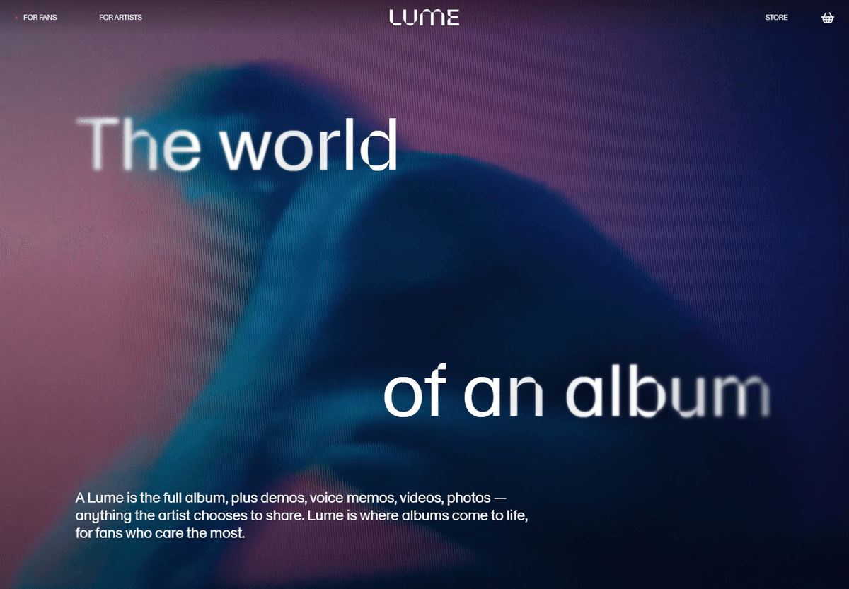 Lume discovery page highlighting a new album release with large cover art and store navigation. Lume discovery page highlighting a new album release with large cover art and store navigation.