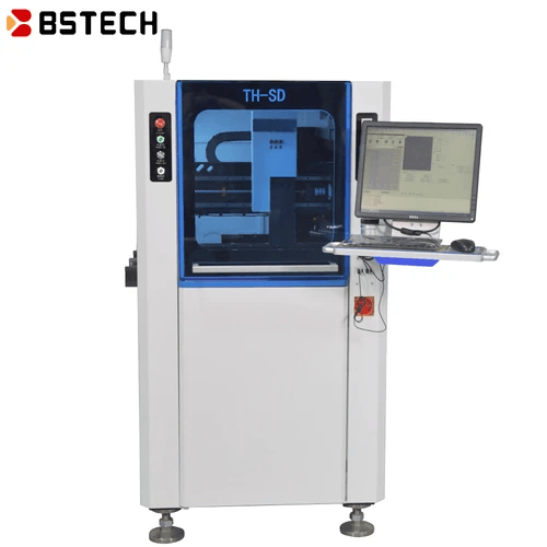 Operator using automated optical inspection machine during PCB assembly Operator using automated optical inspection machine during PCB assembly