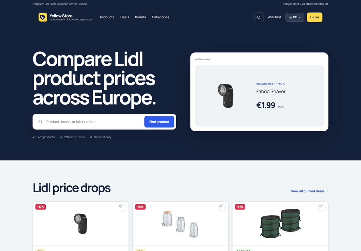 Yellowshop product comparison homepage with country controls and product cards. Yellowshop product comparison homepage with country controls and product cards.