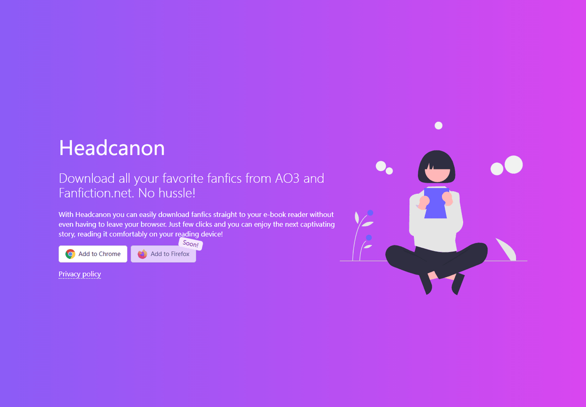 Headcanon.fans homepage presenting a browser extension for sending fanfiction to an ebook reader. Headcanon.fans homepage presenting a browser extension for sending fanfiction to an ebook reader.