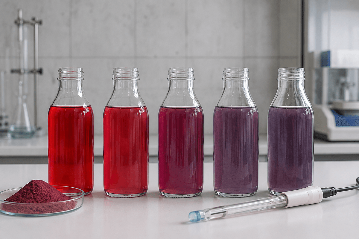 natural red fruit color changing across a controlled beverage pH series natural red fruit color changing across a controlled beverage pH series