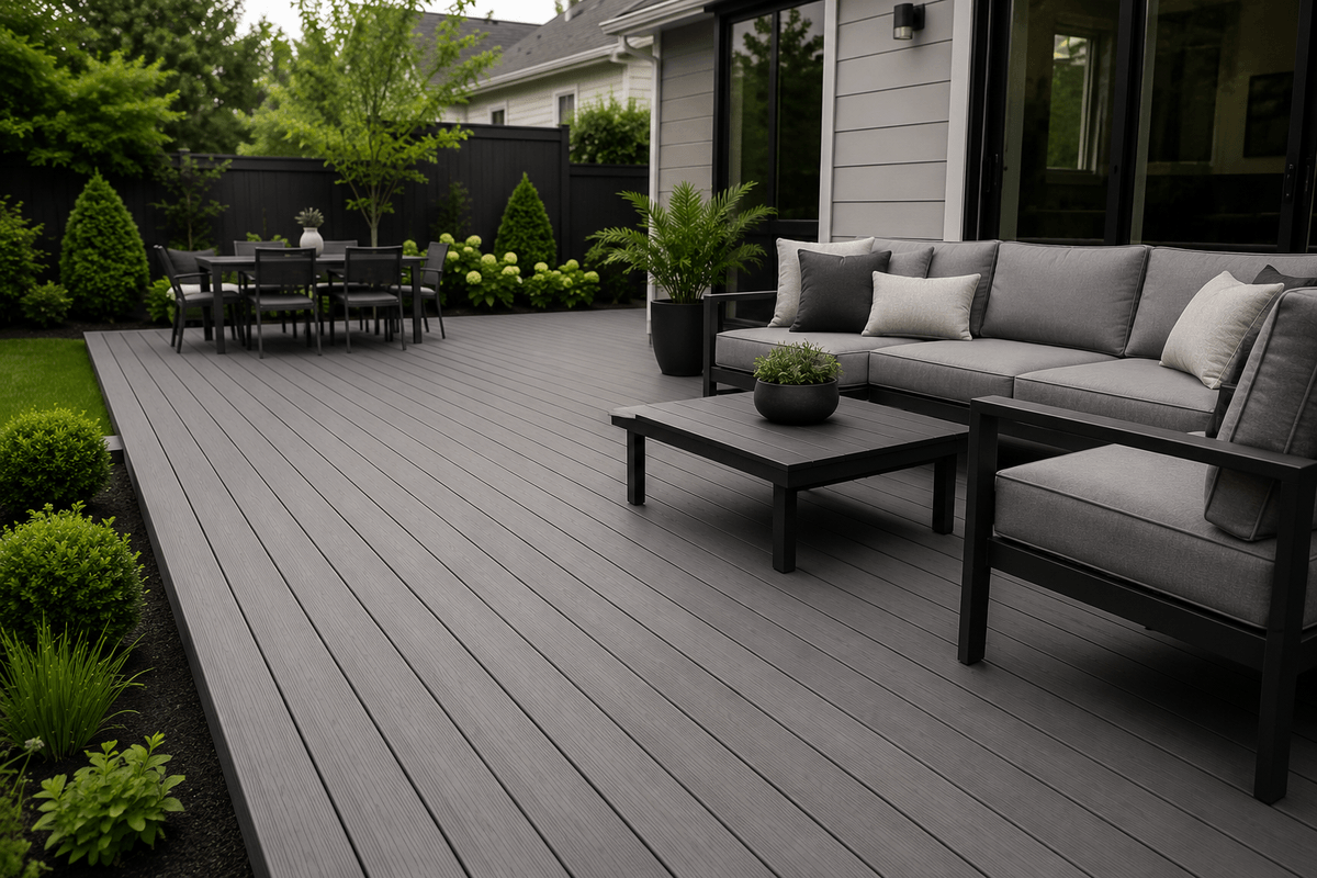 Grey decking boards creating a clean modern backyard seating area Grey decking boards creating a clean modern backyard seating area