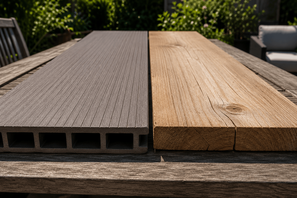 Composite and wood deck boards compared side by side on an outdoor table Composite and wood deck boards compared side by side on an outdoor table