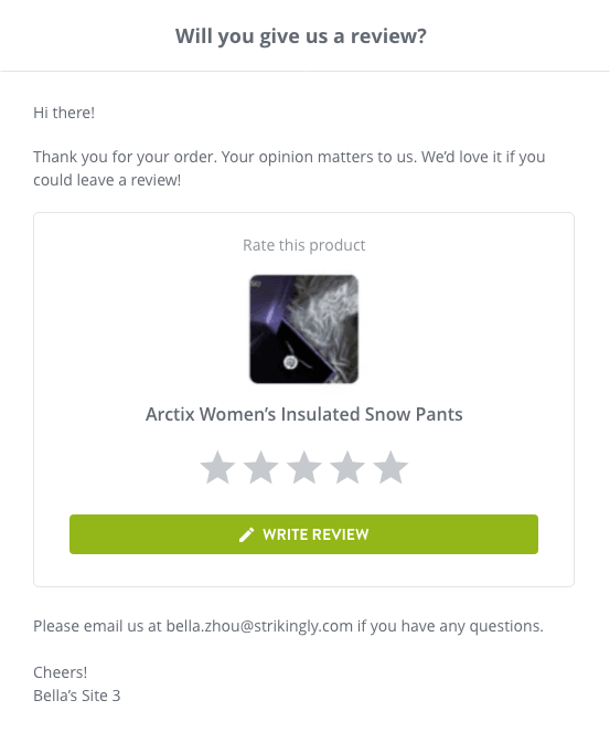 Strikingly product review request email inviting a verified buyer to rate an item Strikingly product review request email inviting a verified buyer to rate an item
