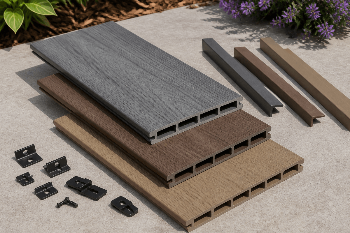 Poly decking board samples compared outdoors Poly decking board samples compared outdoors