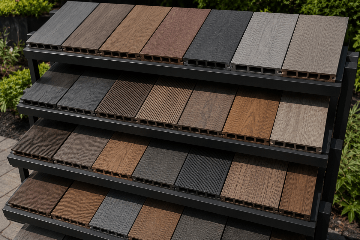 Wood plastic composite decking boards displayed with different profiles and colors Wood plastic composite decking boards displayed with different profiles and colors
