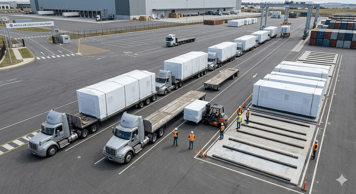 Transporte coordinado de módulos para apartamentos prefabricados Transporte coordinado de módulos para apartamentos prefabricados