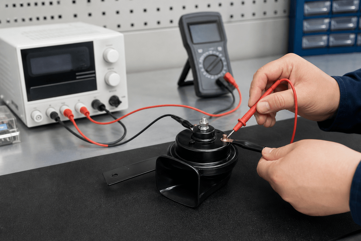 Buyer testing copper coil car horn current and tone Buyer testing copper coil car horn current and tone