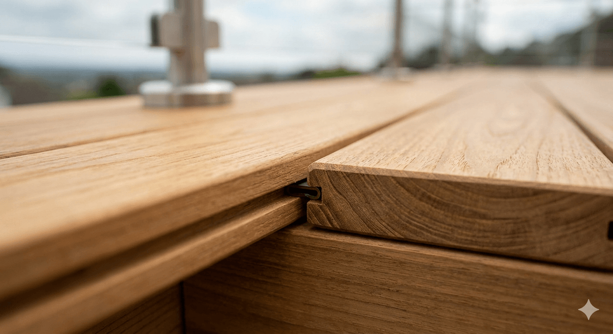 Close-up detail view for teak decking, showing material texture, edge profile, and installation finish Close-up detail view for teak decking, showing material texture, edge profile, and installation finish