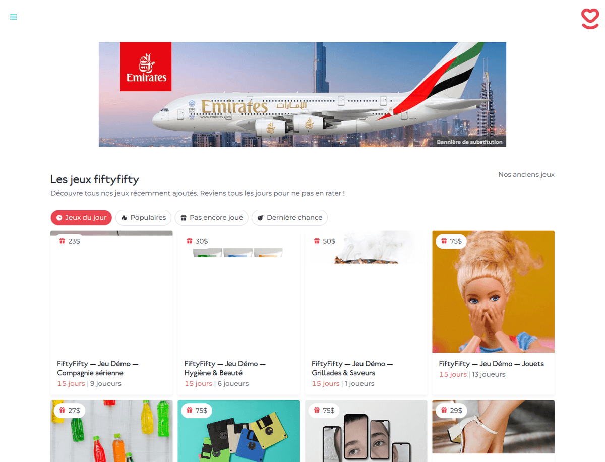 FiftyFifty games page with game filters and a notice that no contests are available. FiftyFifty games page with game filters and a notice that no contests are available.