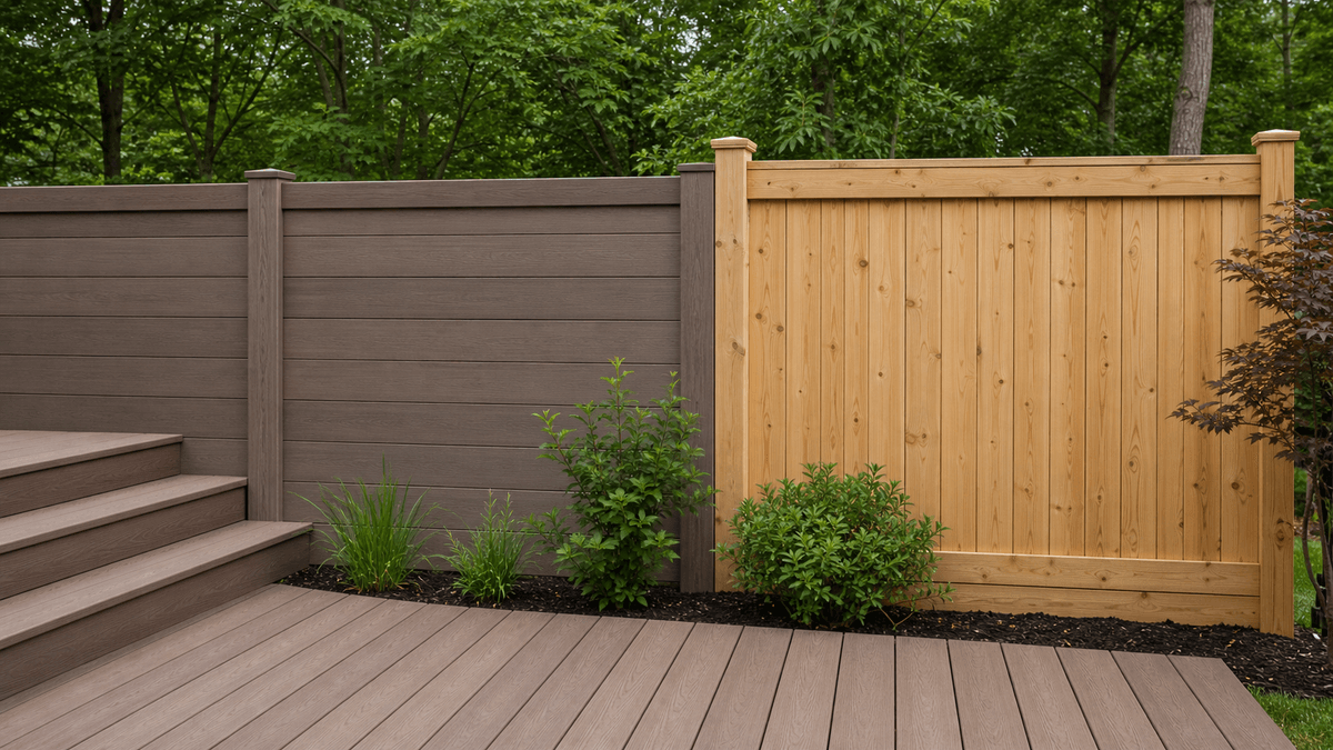 Composite fence and wood fence samples compared in a backyard Composite fence and wood fence samples compared in a backyard