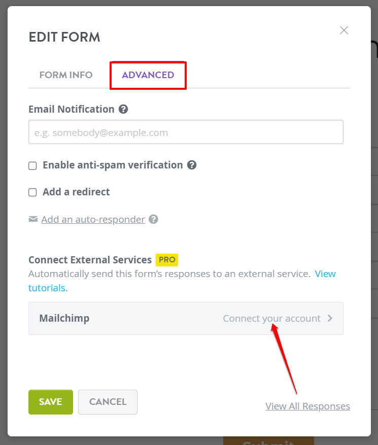 Strikingly advanced form settings for connecting an external service Strikingly advanced form settings for connecting an external service