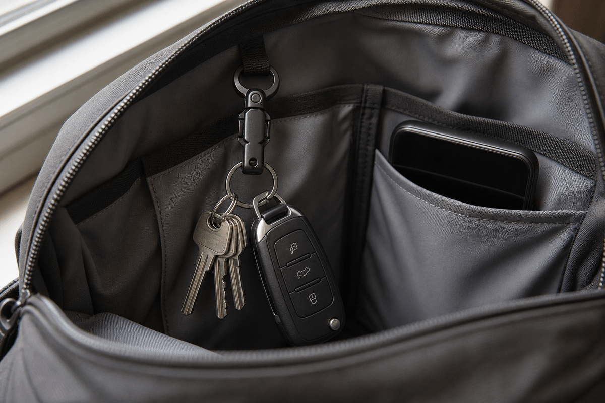 Compact quick release keyring clipped inside a commuter bag Compact quick release keyring clipped inside a commuter bag