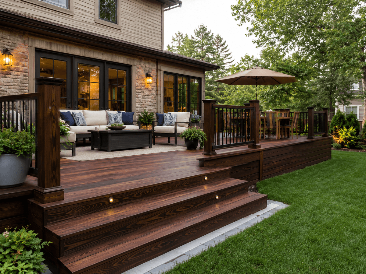 Premium backyard deck using dark hardwood boards Premium backyard deck using dark hardwood boards