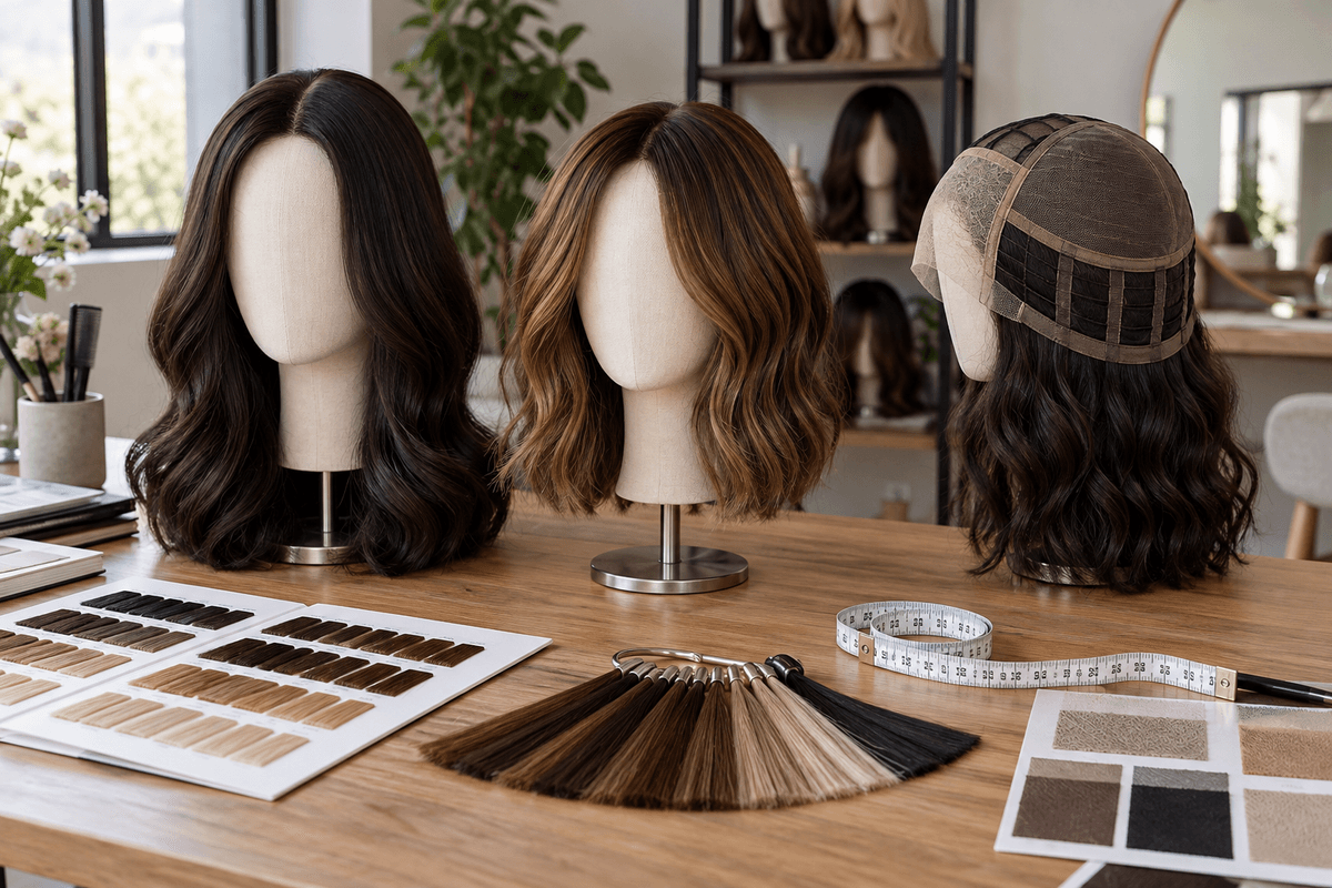 Wig buyer comparing cap constructions on neatly arranged sample hairpieces. Wig buyer comparing cap constructions on neatly arranged sample hairpieces.