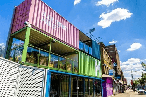 Stylish interior of a modern shipping container bar Stylish interior of a modern shipping container bar