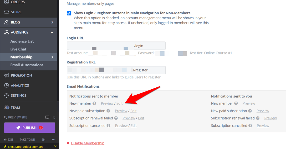 Strikingly membership settings for editing customer notifications Strikingly membership settings for editing customer notifications