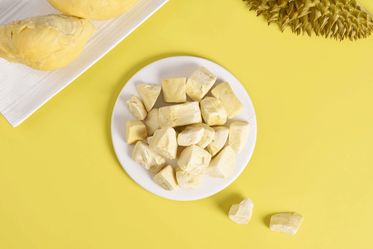 Colorful display featuring delicious freeze dried durian snacks. Colorful display featuring delicious freeze dried durian snacks.