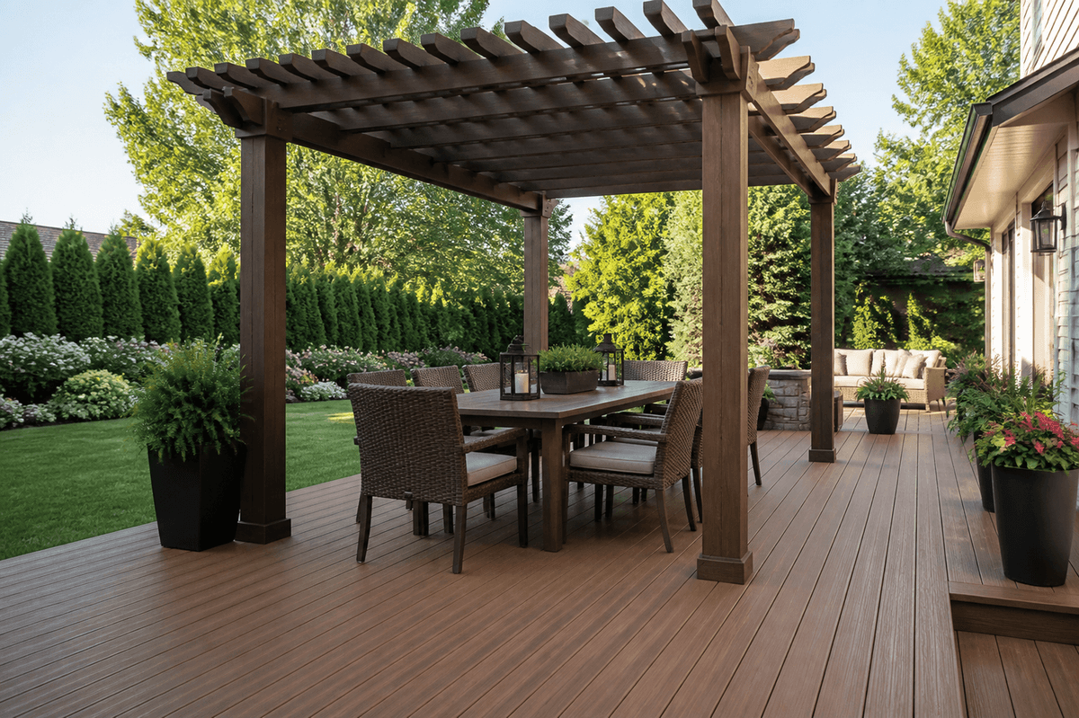 Deck pergola placed over a composite deck dining area Deck pergola placed over a composite deck dining area
