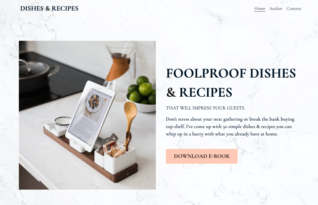 Dishes and Recipes template demonstrating focused promotional imagery and clear action hierarchy Dishes and Recipes template demonstrating focused promotional imagery and clear action hierarchy
