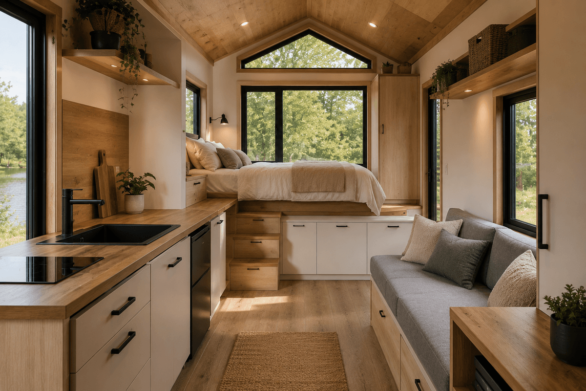 Interior funcional de tiny house con almacenamiento compacto Interior funcional de tiny house con almacenamiento compacto