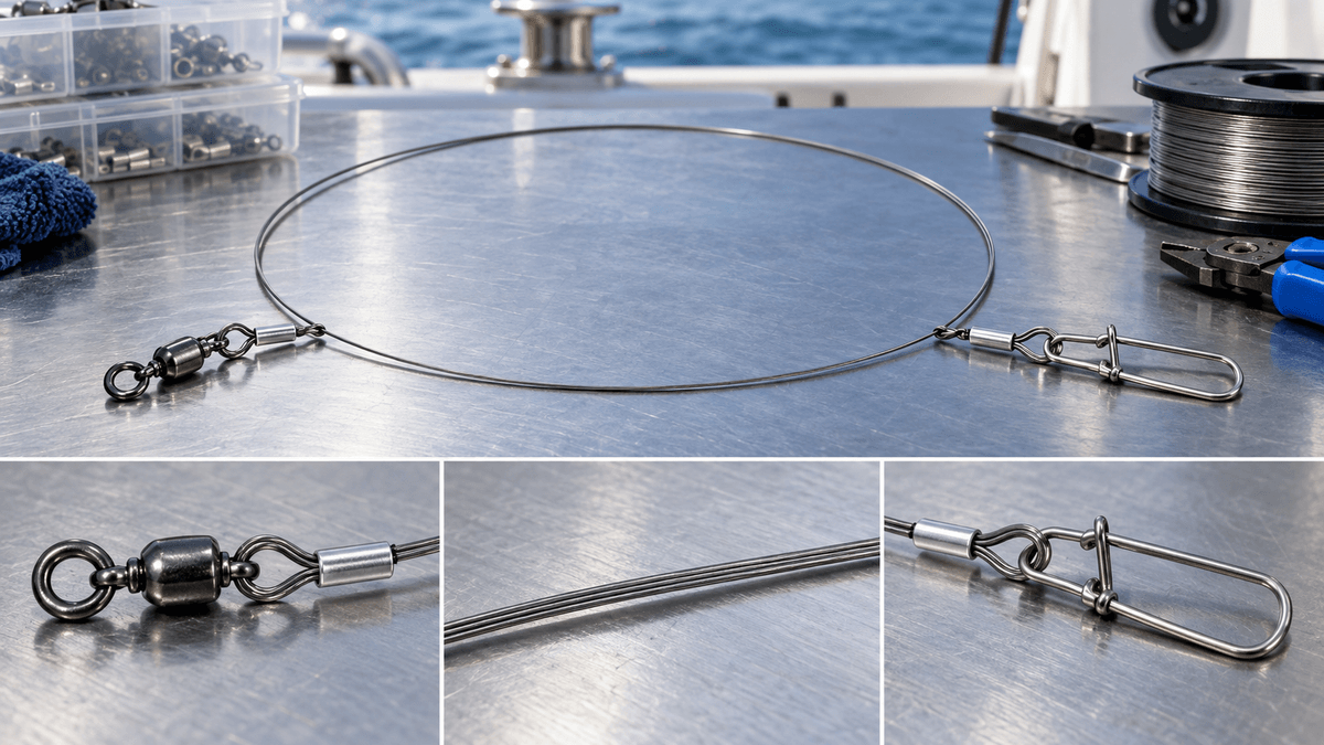 Nitinol fishing wire assembled with crimp swivel and snap hardware Nitinol fishing wire assembled with crimp swivel and snap hardware