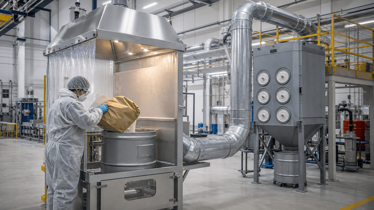 powder handling dust collector connected to a ventilated bag dump station powder handling dust collector connected to a ventilated bag dump station