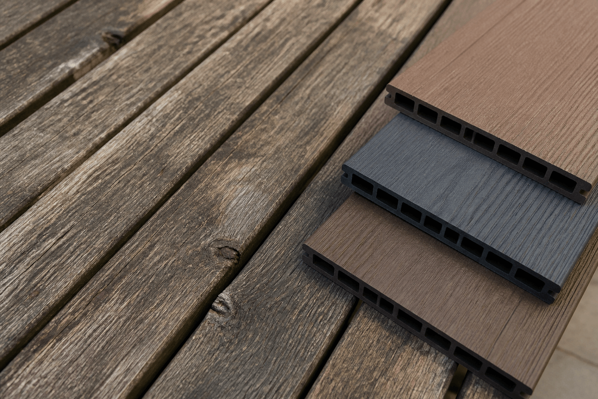 Wood deck maintenance tools beside composite decking samples Wood deck maintenance tools beside composite decking samples