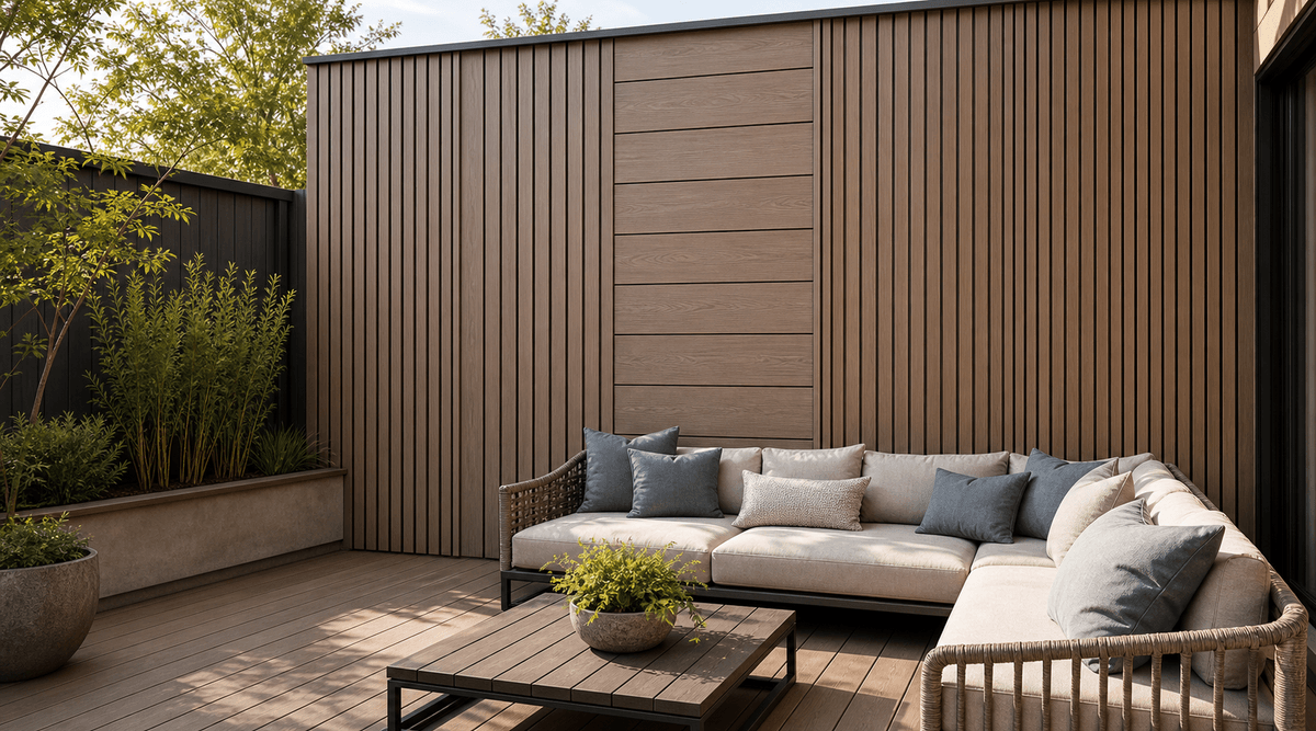 WPC panel wall design behind an outdoor seating area WPC panel wall design behind an outdoor seating area