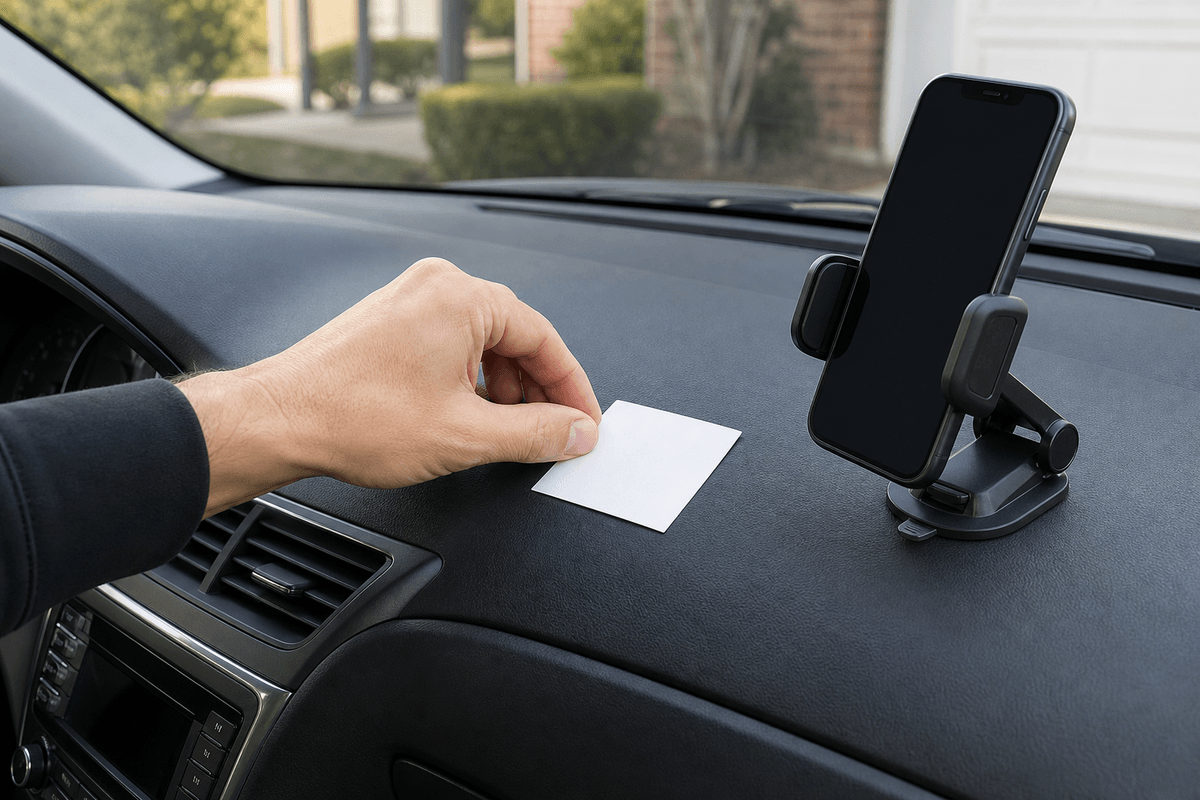 Adhesive car phone holder location tested on dashboard before installation Adhesive car phone holder location tested on dashboard before installation
