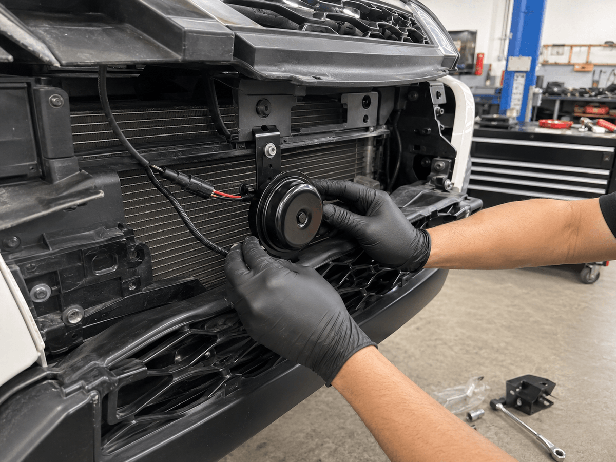Electric trumpet horn fitment check behind vehicle grille Electric trumpet horn fitment check behind vehicle grille