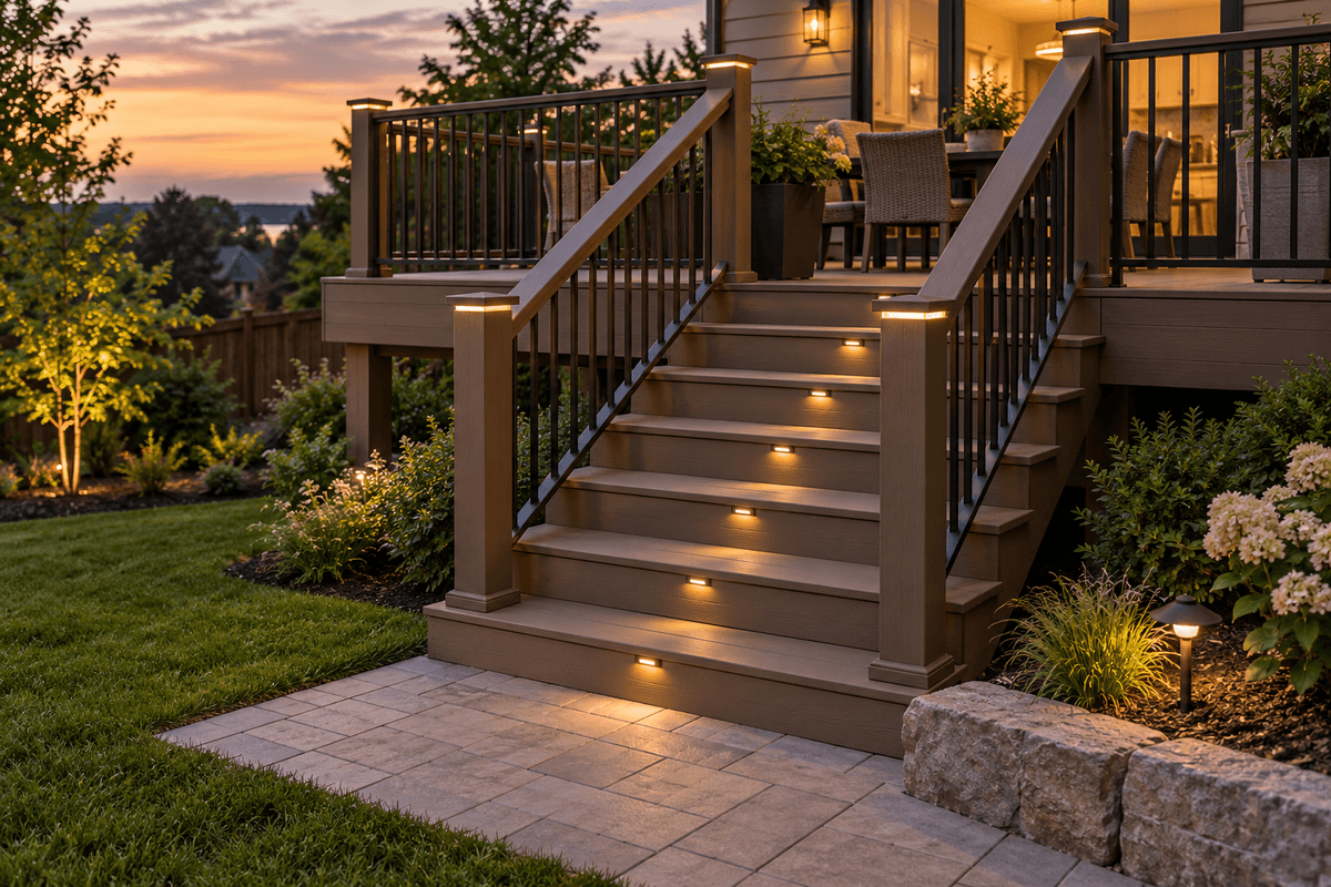 Finished composite stairs with consistent treads and handrail Finished composite stairs with consistent treads and handrail