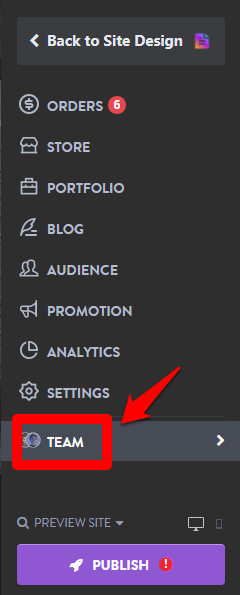 Strikingly site settings showing where a business manages its website team Strikingly site settings showing where a business manages its website team
