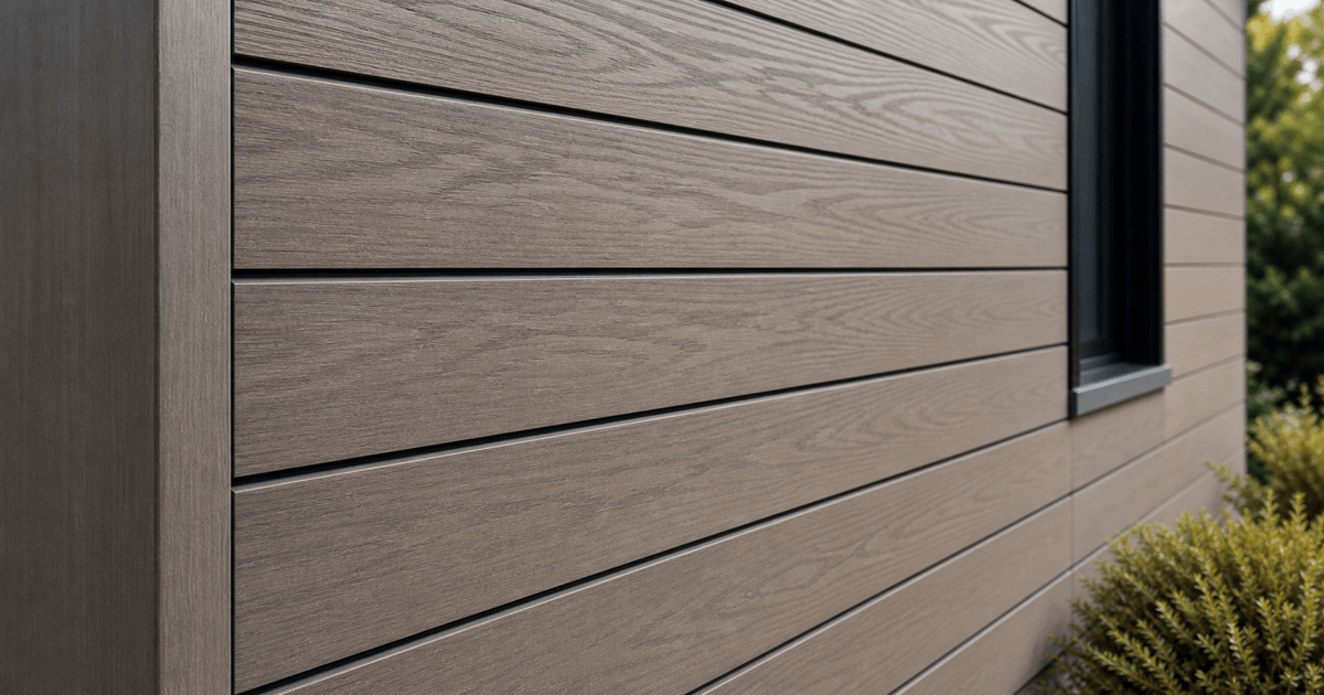 Exterior WPC wall cladding on a modern home facade Exterior WPC wall cladding on a modern home facade