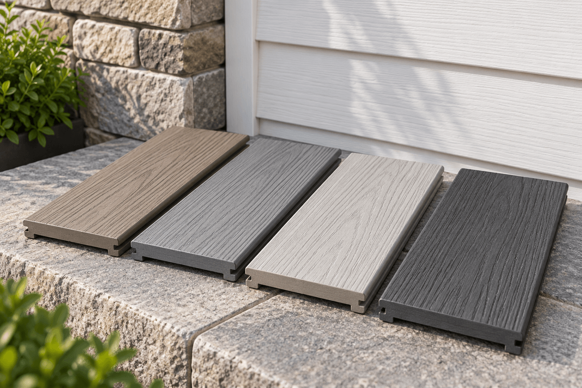 Warm, cool, and neutral gray composite decking samples Warm, cool, and neutral gray composite decking samples