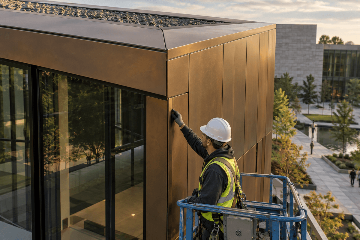 Installer aligns blue wall panels at a building base Installer aligns blue wall panels at a building base