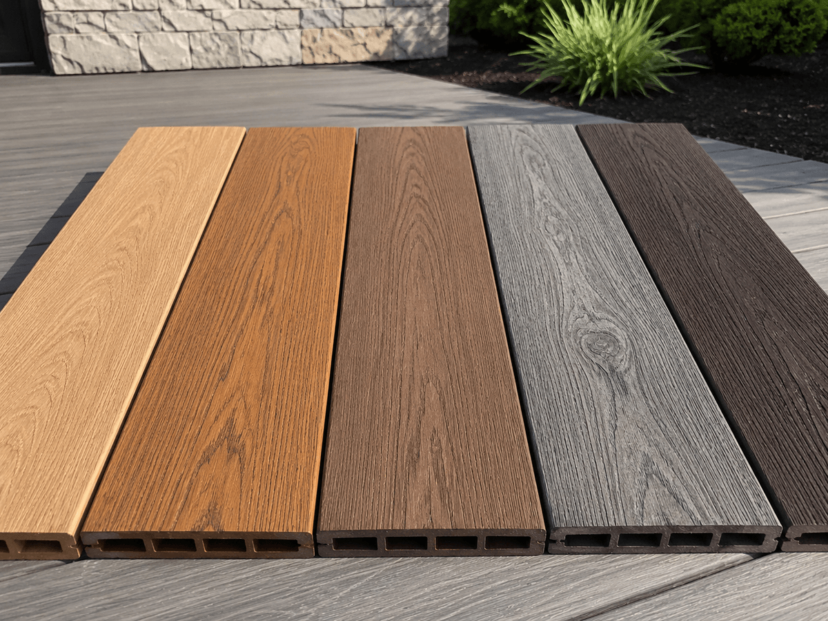 Wood-look composite deck boards arranged for comparison Wood-look composite deck boards arranged for comparison