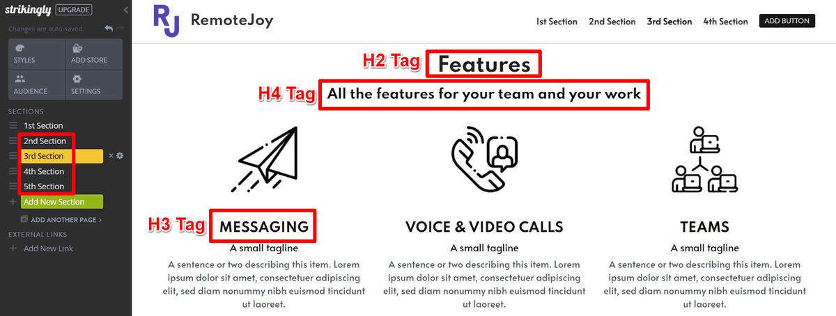 A Strikingly page demonstrating H2, H3, and H4 heading relationships A Strikingly page demonstrating H2, H3, and H4 heading relationships